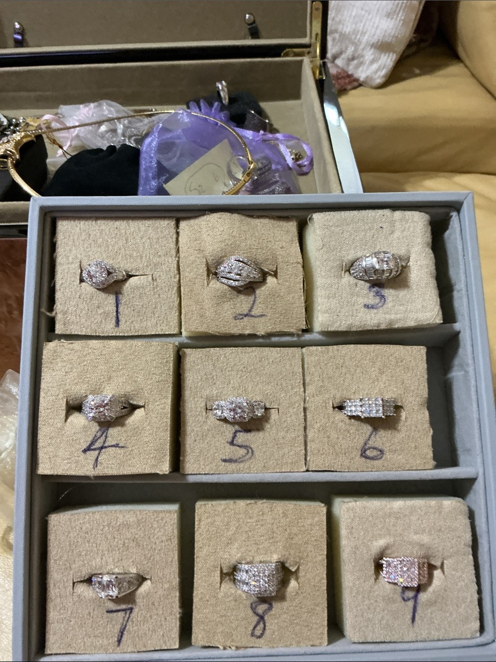 Ladies sz 5 rings, 1-9 white czs,your choice , 7 yellow czs 1-7 choice,